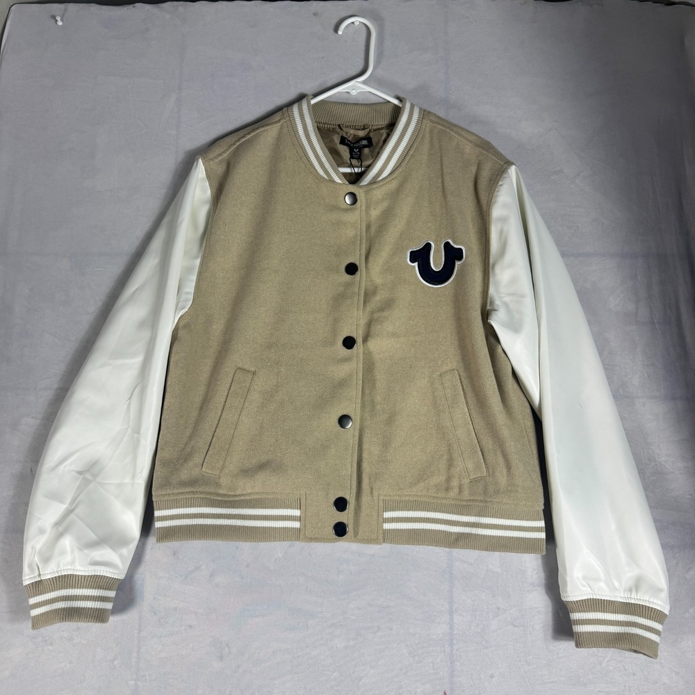 NWT True Religion Mens True Varsity Jacket Beige White Minimal Streetwear XL